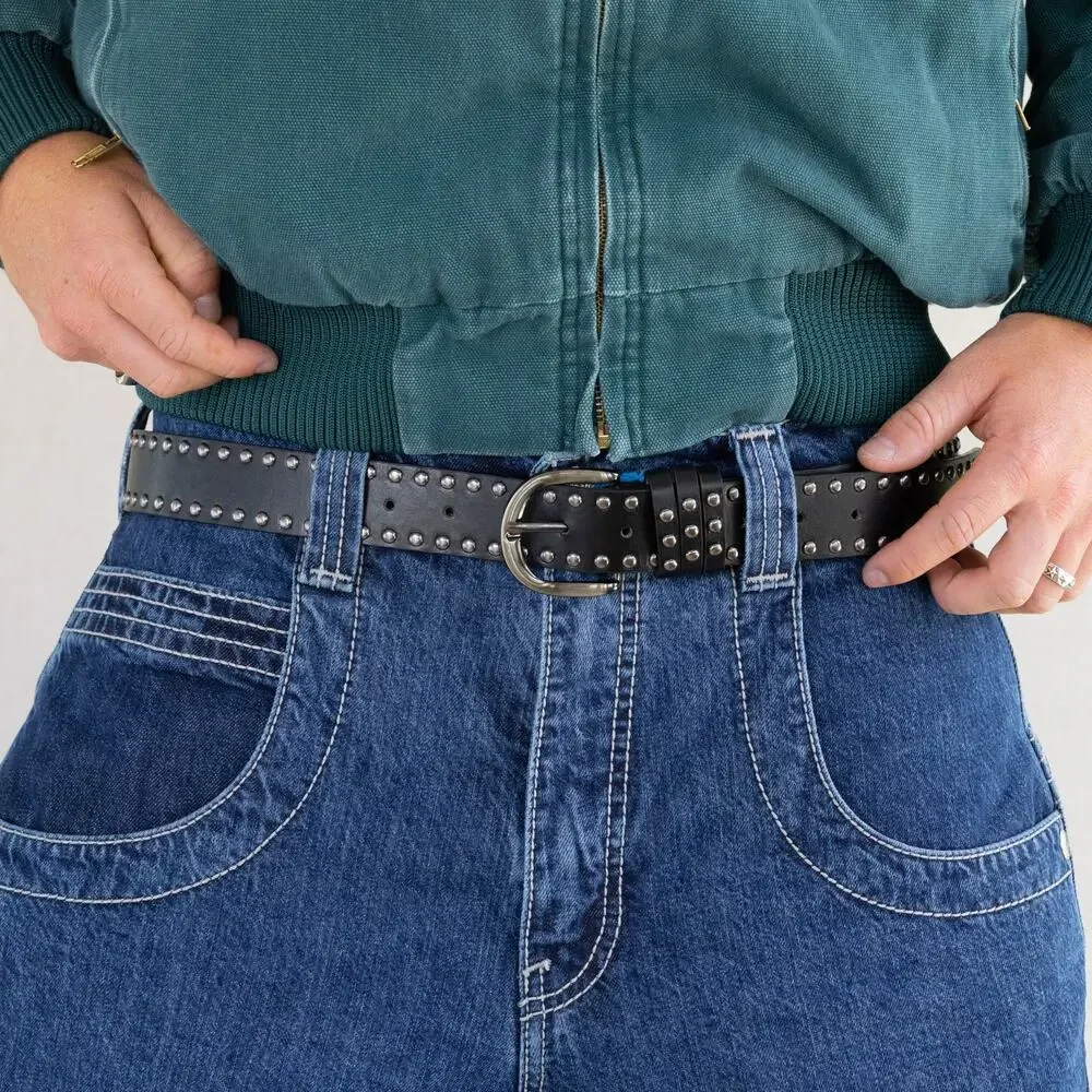 Vintage Black Studded Leather Belt Triple Row Silver Studs Y2K Streetwear Unisex